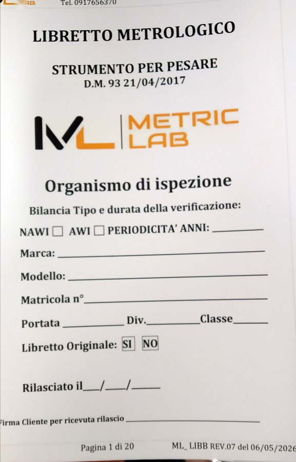Copertina del libretto metrologico Metriclab per strumenti per pesare